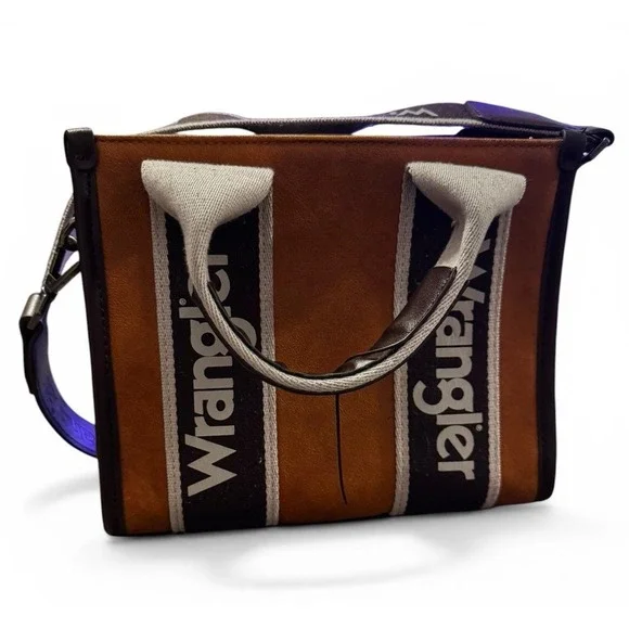 Wrangler Brown Mini Tote Crossbody Bag Logo Striped Western Purse - Picture 1 of 6